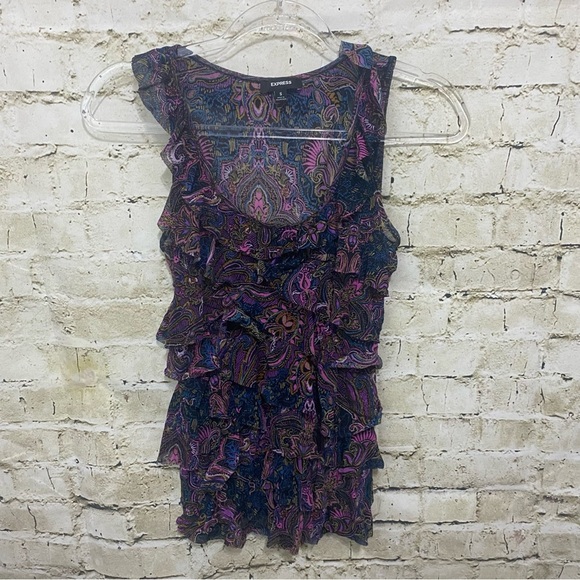 Express Purple Pink Paisley Floral Mesh Ruffle Tank Top - Picture 1 of 5
